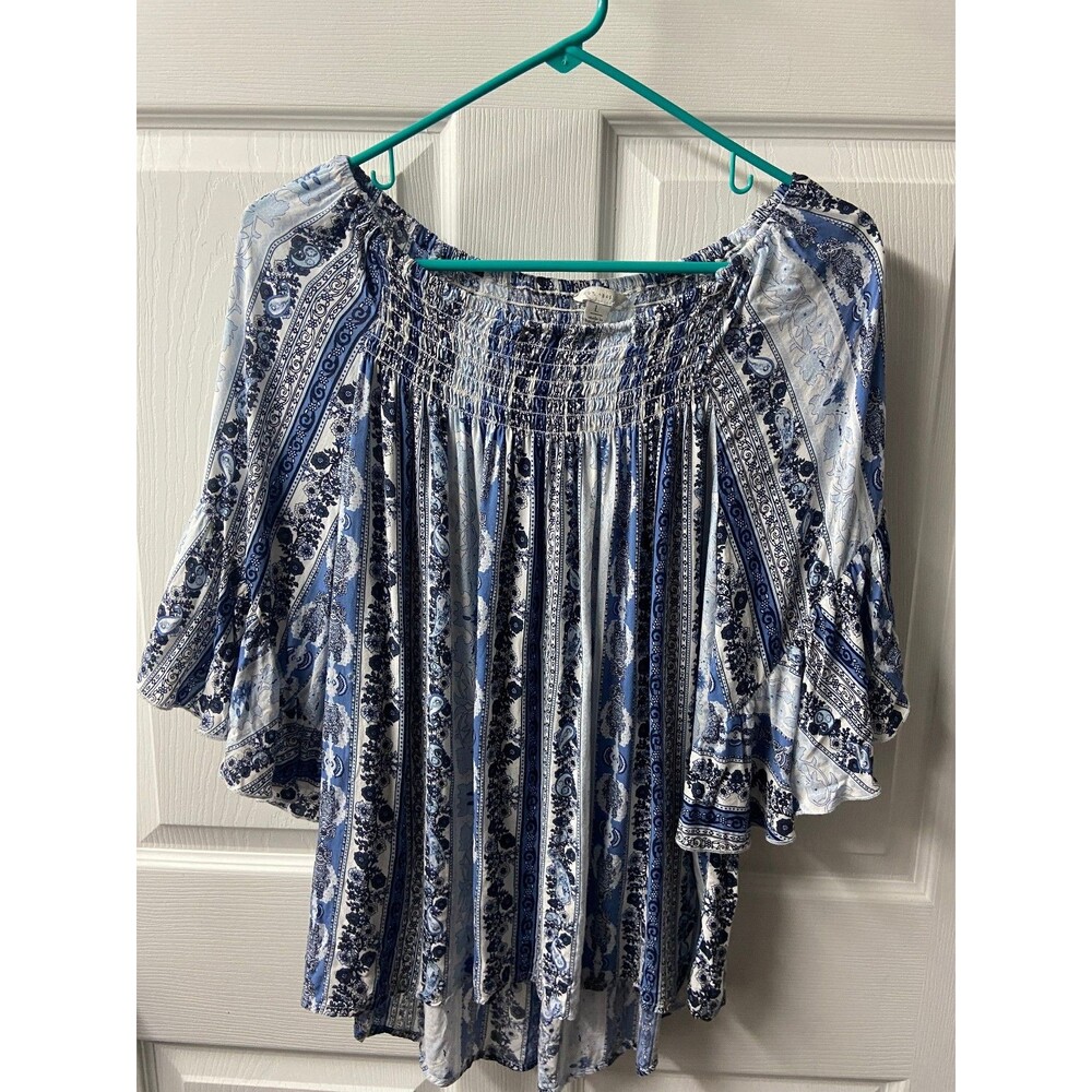 EST 1948 Boho Top Womens Large Blue White Floral Striped Bell Sleeved Blouse